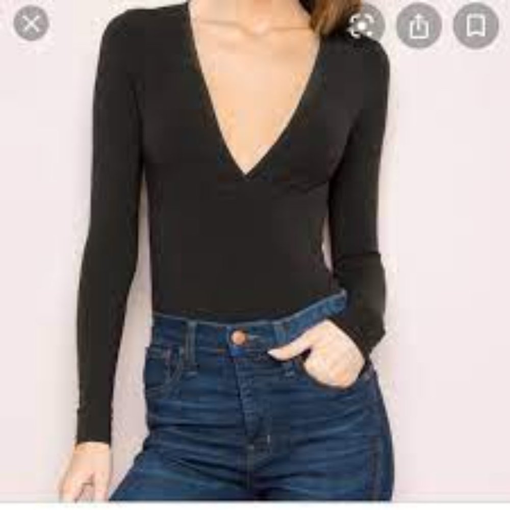 BRANDY MELVILLE Bodysuit Women’s One Size Black Plunging V Neck Long Sleeve